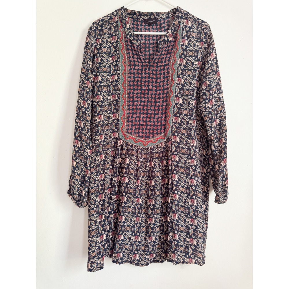 Tolani Silk Tunic Dress Elephant Floral Print Boho Cottagecore Navy Red Large